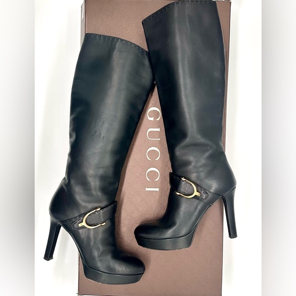 Gucci Horsebit Knee High Platform Boots Black High Heel Leather Tall EU 38 US 8 - Picture 1 of 16